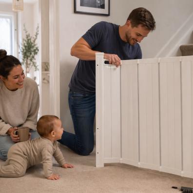picture of Dad fitting a stair gate while a mum and crawling baby watch nearby in a family home, showing babyproofing and home safety in action