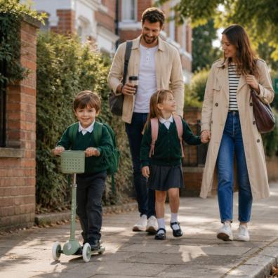 picture of a family walking to school with a child riding on ahead on a personalised scooter