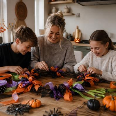 picture of a happy family creating a halloween wreath using halloween ribbon