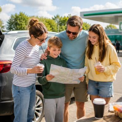 picture of a happy family planning a road trip at a UK service station