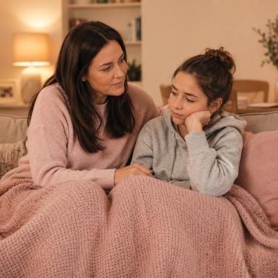 picture of a mum and daughter cuddled on the sofa under a blanket navigating changing hormones