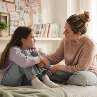 picture of a mum supporting her child with friendship troubles sitting on childs bed