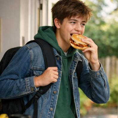 picture of a teenage boy eating a breakfast bagel on the go