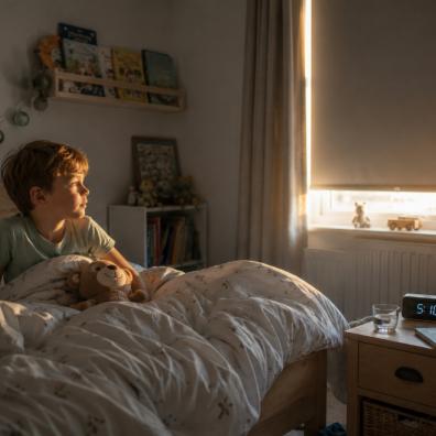 picture of a young child who regularly wakes early in the morning with gaps around the blind