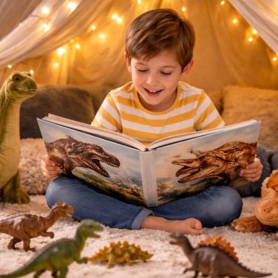 picture of young boy reading a dinosaur book inside a cosy play tent with fairy lights, surrounded by toy dinosaurs and exploring his curiosity through play