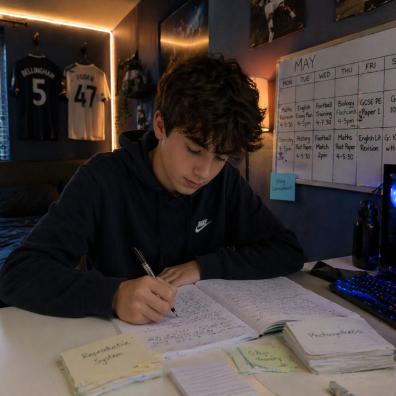 picture of Teenage boy revising at a desk in a modern bedroom with study notes, flashcards, and a revision timetable on the wall