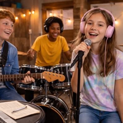 picture of tweens playing music together in a band, with one singing and the others playing instruments
