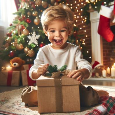 picture of a happy child on Christmas morning excitedly opening a gift