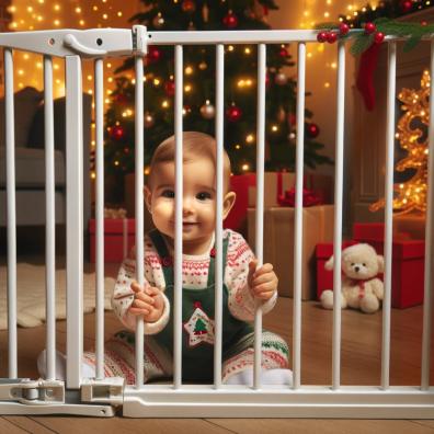 picture of a baby behind a child safety gate at christmas
