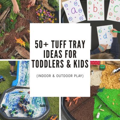 picture of four photos showing examples of 50 Tuff Tray activity ideas for toddlers and kids