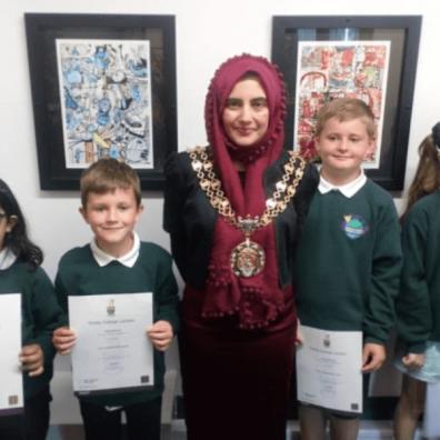 picture of Manor Green pupils with the Civic Mayor of Tameside Councillor Tafheen Sharif