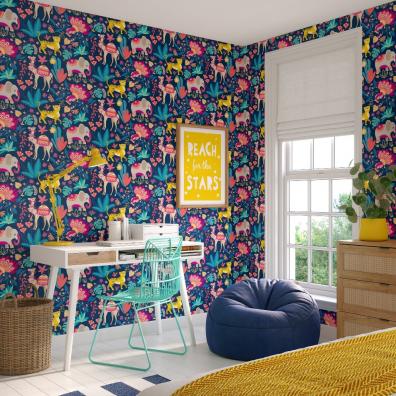picture of Samba Safari in Ink & Cerise wallpaper for a child's room