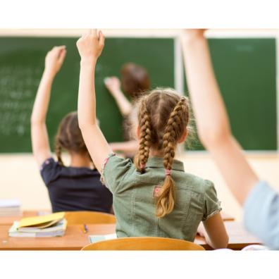 Picture of children putting their hands up in class