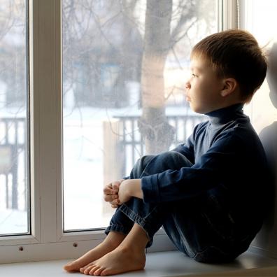 Picture of a child sat on a window sill looking at out a winter garden