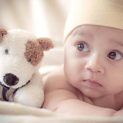 picture of a baby with a plush toy dog
