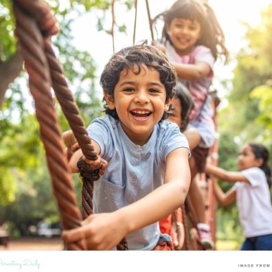 picture of happy resilient children playing on a rope bridge together in a park