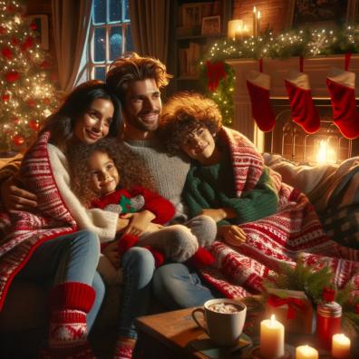 picture of a happy and calm family relaxing at Christmas