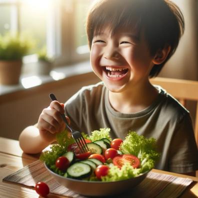 picture of a happy child eating healthy food