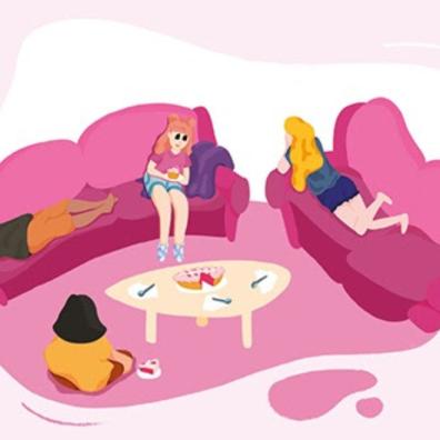 picture of graphic showing women laying on pink sofas